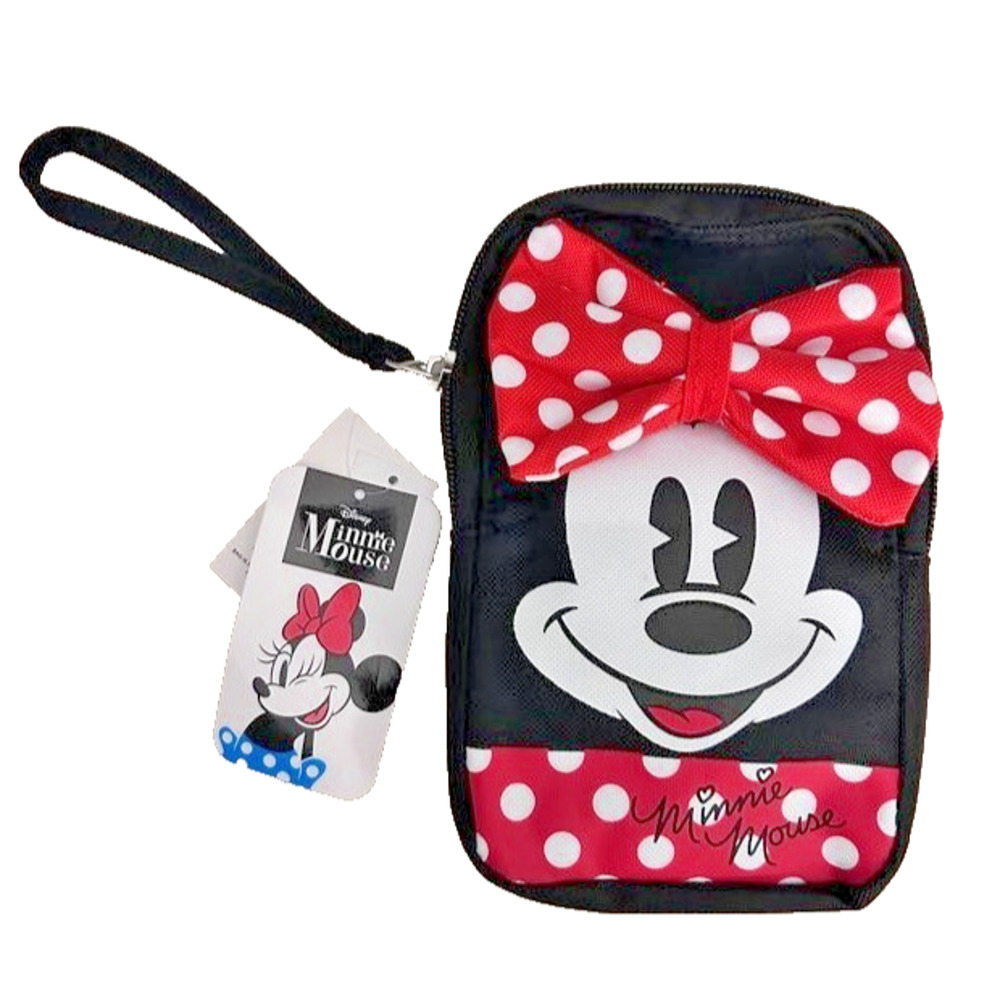 NWT Disney Minnie Mouse w/3D Bow & Big Face Wristlet Zipper Purse Bag Black Red
